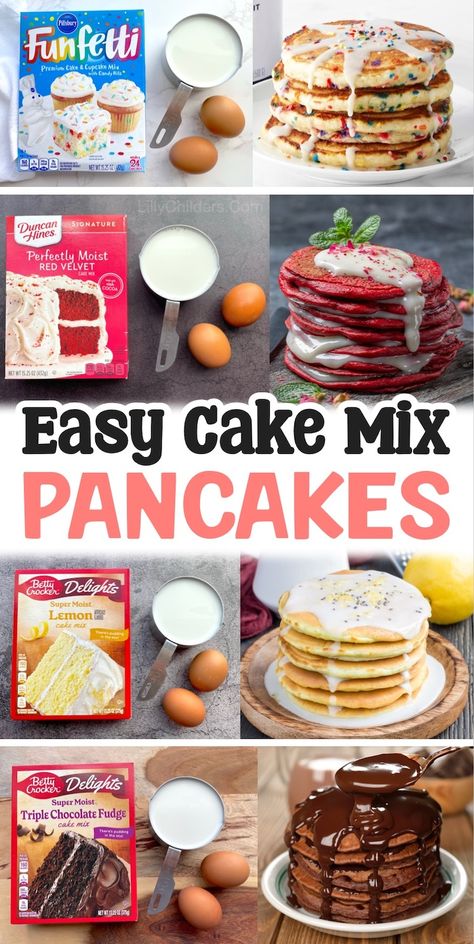 Easy Cake Mix Pancakes (So Many Fun Flavor Options!) Cake Mix Pancakes Recipe, Box Cake Mix Pancakes, Pancakes From Cake Mix Boxes, Cake Mix Into Pancakes, Pancakes With Cake Mix How To Make, Best Pancake Recipe From Box Cake Mixes, Chocolate Cake Mix Pancakes, Pancakes With Cake Mix Breakfast, Pancake Mix Recipe Ideas