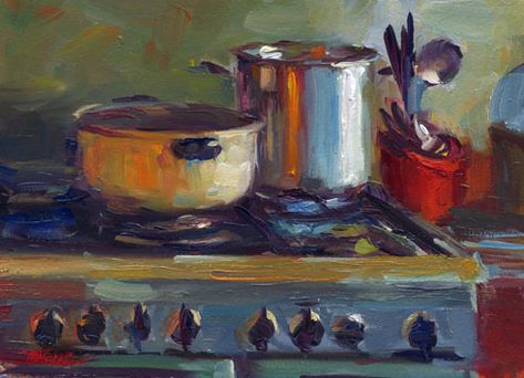 Painting Of Kitchen Scenes, Cooking Painting Art, Someone Cooking Reference, Paintings Of Kitchens, Kitchen Art Ideas Paintings, Cooking Art Reference, Kitchen Oil Painting, Cooking Pot Drawing, Messy Kitchen Aesthetic