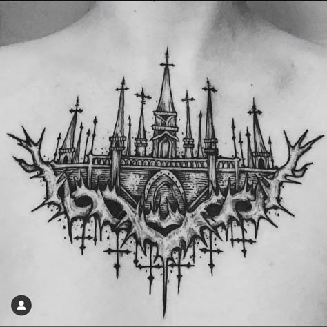 Castle Shoulder Tattoo, Castle Neck Tattoo, Castle Chest Tattoo, Catacombs Tattoo, Cathedral Chest Tattoo, Cathedral Back Tattoo, Dark Castle Tattoo, Cathedral Tattoo Design, Gothic Castle Tattoo