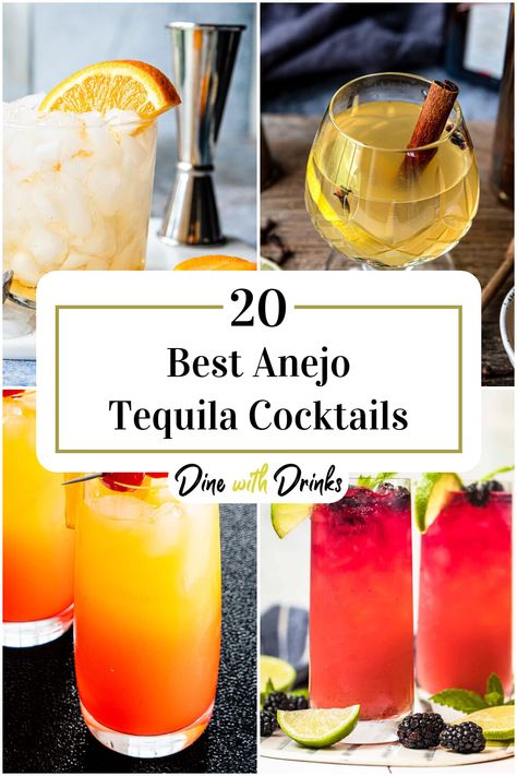 Collage of 4 anejo tequila cocktails. Party Tequila Shots, Deleon Tequila Cocktails, Tequila Añejo Drinks, Anejo Tequila Drinks, Don Julio 1942 Drinks Recipes, Tequila Anejo Cocktails, Don Julio Anejo Drinks Recipes, Fancy Tequila Cocktails, Anejo Tequila Cocktails Recipe