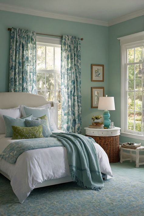 Discover the latest trend for 2024: Ocean Breeze, Sea Salt, and Coastal Accents in home decor. Dive into the article for refreshing inspiration. #ad     #Colortrend #wallpaint2024  #color2024  #DIYpainting  ##DIYhomedecor  #Fixhome Gray And Turquoise Bedroom, Alder Wood Kitchen Cabinets, Blue And Green Bedroom, Walnut Wood Kitchen, Cherry Wood Kitchen Cabinets, Bedroom Interior Decor, Turquoise Bedroom, Big Bedroom, Solid Wood Kitchen Cabinets