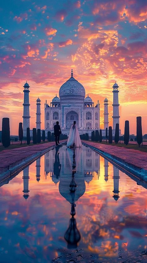 "Sunset Taj Mahal: A #couple stands before the #TajMahal at #sunset, with vibrant skies reflecting off the water. #romance #reflection #aiart #aiphoto #stockcake ⬇️ Download and 📝 Prompt 👉 https://stockcake.com/i/sunset-taj-mahal_969319_155360" Tajmahal Couple Photos, Taj Mahal Couple, Taj Mahal Image, Castle House Design, Indian Theme, Cat City, The Taj Mahal, Travel Pictures Poses, Desi Aesthetic