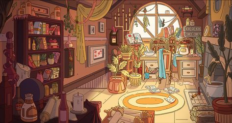 Cluttered Background Art, Bedroom Art Aesthetic Drawing, Magic Room Concept Art, Clutter Art Drawing, Cluttered Room Illustration, Witch House Interior Drawing, Interior Background Art, Digital Art Interior, Witches Room Drawing