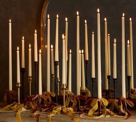 Latest Furniture & Home Decor | New Home Decor | Pottery Barn Candle Abras, Mantle Candlesticks, Candle Tablescapes, Modern Thanksgiving Decor, Candles Halloween, Candle Ribbon, Long Candles, Gold Candle Sticks, Holiday 2024