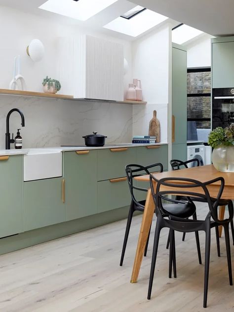 Sage Green Pantry, Sage Green Kitchens, Green Pantry, Scandinavian Kitchen Ideas, Green Kitchens, Side Return Extension, Scandinavian Kitchens, Sage Green Kitchen, Bedroom Victorian