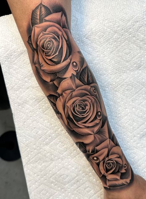 Rose Sleeve Tattoos For Women, Rose Tattoo For Women Arm, Rose Sleeve Tattoo Women Forearm, Forearm Rose Tattoo Women, Rose Tattoo Sleeve Women, Forearm Rose Tattoo For Men, Rose Buds Tattoo, Arm Rose Tattoo, Masculine Flower Tattoo