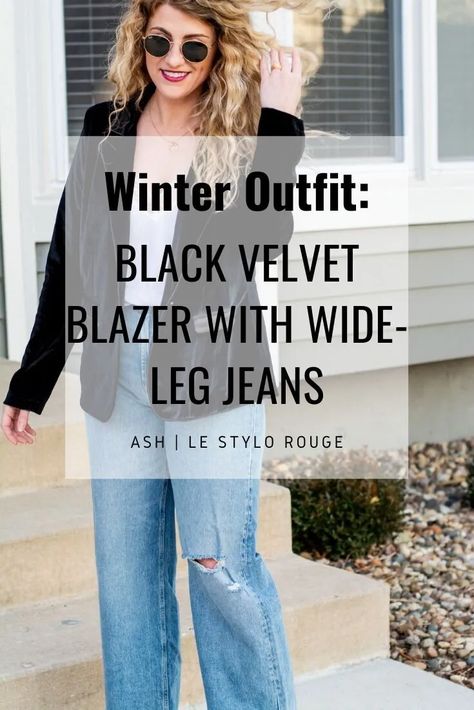 Another Velvet Blazer with Wide-Leg Jeans. | Le Stylo Rouge Velvet Blazer Jeans Outfit Women, Black Velvet Blazer Outfit Women, Black Velvet Jacket Outfit, Velvet Blazer Outfit Women, Blazer Going Out Outfit, Black Velvet Blazer Outfit, Blazer Jeans Outfit Women, Velvet Jacket Outfit, Velvet Blazer Outfit