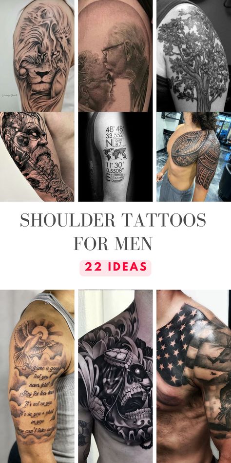 Make personalized statements with tattoo ideas for men's shoulder. Discover symbols, images, and styles that resonate with your individuality and reflect your passions. Mens Arm Tattoos Bicep, Mens Sleeve Cover Up Tattoo, Men's Tattoo Arm Sleeve, Men's Tattoo Shoulder, Mid Arm Tattoo Men, Upper Arm Tattoo Designs Men, Man Arm Tattoo Ideas, Mens Shoulder Tattoo Ideas Inspiration, Men’s Half Sleeve Tattoo Upper Arm