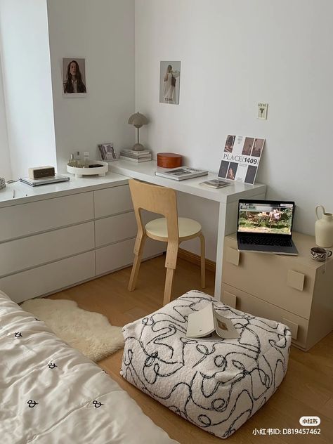 Long Table Bedroom, Room Study Table Ideas Aesthetic, Double Desk Bedroom, Ikea Study Room Ideas, Desk Dresser Combo, Desks With Storage, Built In Dressing Table, Small Bedroom Hacks, Small Girls Bedrooms