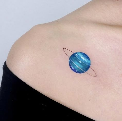 Saturn And Uranus Tattoo, Uranus Saturn Tattoo, Uranus Planet Tattoo, Uranus Tattoo Aquarius, Saturn Tattoo Color, Small Planet Tattoo, Blue Tattoos For Women, Uranus Tattoo, Milo Tattoo