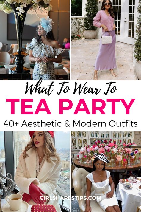 Wondering what to wear to a tea party? Check this post for the dress code and fashion tips on how to dress for a tea party, afternoon tea, or high tea, and create your perfect tea party outfit ideas next time! Going to a tea party baby shower, bridal shower, or a birthday? We've also got you covered! | tea party outfit | tea party outfits | high tea party outfit | high tea party outfits, afternoon tea outfit | tea party outfits for women | tea party attire | high tea party outfit classy Afternoon Tea Fashion, Women’s Tea Party Outfit Ideas, Pink High Tea Outfit, Vintage High Tea Outfit, High Tea Brunch Outfit, Brunch Tea Party Outfits, High Tea Dress Outfits, Bridal Shower Tea Party Outfit What To Wear, Garden Tea Party Attire