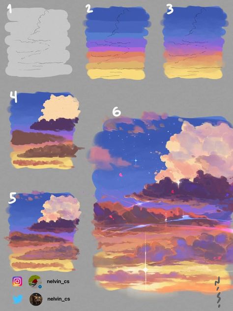 Beautiful cloud tutorial for artists! ♡ Painting Clouds Step By Step, Cloud Drawing Step By Step, Digital Painting Tutorials Step By Step, How To Paint Clouds Acrylic, Procreate Tutorial Step By Step, Sky Doodles, Procreate Step By Step, الفن الرقمي, Concept Art Tutorial