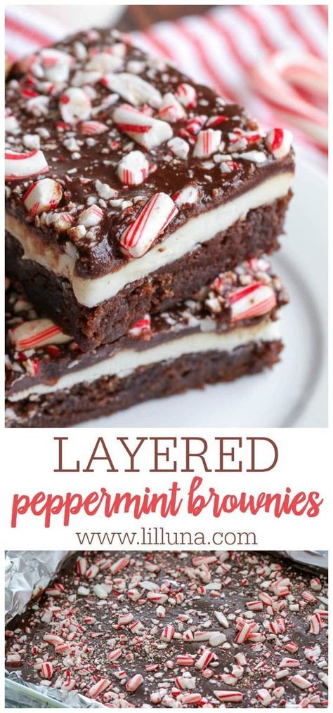 Christmas’s Deserts, Candyland Desserts, Chocolate Peppermint Desserts, December Treats, Peppermint Dessert Recipes, Winter Brownies, Peppermint Bark Brownies, Layered Brownies, Peppermint Desserts