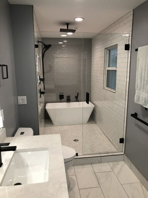 Elongated Bathroom Ideas, Bathroom Ideas Long Narrow Master Bath, L Shaped Wet Room Bathroom, Bathroom Remodel Long Narrow, Modern Wet Bathroom, Master Bath Addition Layout, Long Bathrooms Narrow Layout, Wet Room Lighting, Narrow Master Bath Ideas