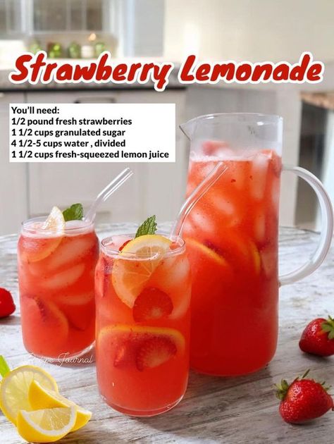 Fresh Strawberry Lemonade, Lemon Juice Recipes, Strawberry Lemonade Recipe, Cold Starbucks Drinks, Squeezed Lemon, Drink Recipes Nonalcoholic, Recipe Journal, Lemonade Recipe, Fancy Drinks