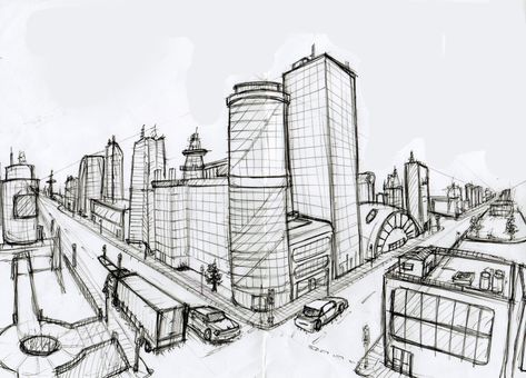 Two Point Perspective City, 2 Point Perspective City, Perspective City, 2 Point Perspective Drawing, Linear Perspective, Cityscape Drawing, 2 Point Perspective, Two Point Perspective, 1 Point Perspective