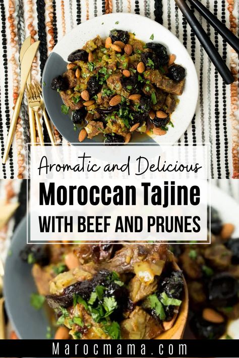 Indulge in this Moroccan Tajine's rich, exotic flavors with Beef and Prunes. Slow-cooked to perfection, tender beef and plump prunes are infused with a blend of traditional spices for a dish that's both comforting and full of flavor. Perfect for a cozy night in or as a unique addition to your next dinner party. #MoroccanTajine #BeefandPrunes Moroccan Meat With Prunes, Moroccan Beef Tajine, Middle Eastern Beef Stew, Moroccan Food Traditional, Beef Tagine Recipes, Moroccan Beef Stew, Tajine Recipes, Moroccan Foods, Moroccan Food Recipes