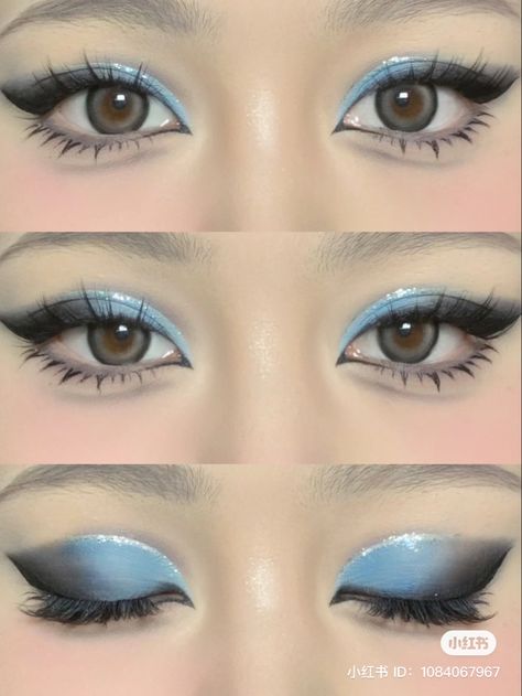 Eye Makeup That Makes Blue Eyes Pop, Blue Fairy Eye Makeup, Light Blue Eyeliner Looks, Blue Formal Makeup, Blue And White Eyeshadow Looks, Blue Themed Makeup, Blue And Black Eye Makeup, Red And Blue Makeup Looks, Black And Blue Eyeshadow