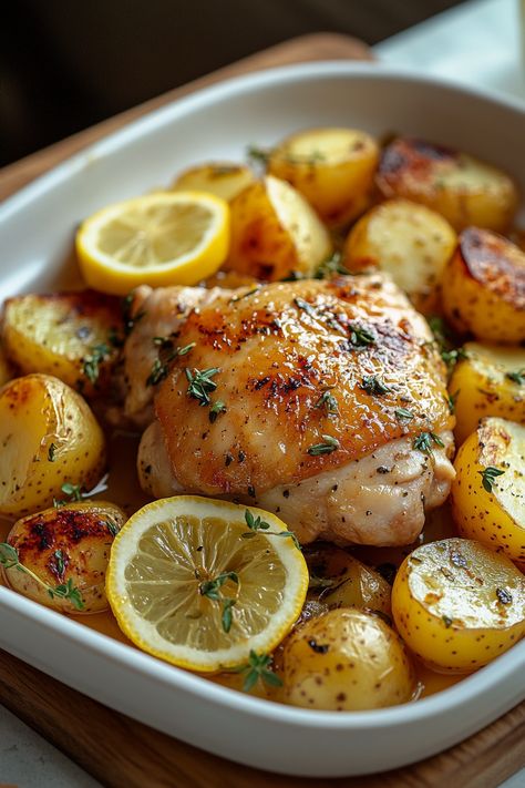 Greek Lemon Chicken With Potatoes, One Pan Greek Lemon Chicken And Potatoes, Chicken And Lemon Recipes, Chicken Potatoes Recipes, One Pot Chicken And Potatoes, Greek Chicken Potatoes, Healthy Eating Chicken, Chicken Potato Skillet, Lemon Greek Chicken