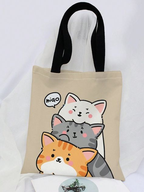 Cartoon Cute Cat Pattern Single Shoulder Canvas Bag | SHEIN USA Handpainted Bags, Fun Crafts To Do, Cat Bag, Small Tote Bag, Cat Pattern, Canvas Shoulder Bag, Shopper Bag, Printed Bags, Cartoon Cat