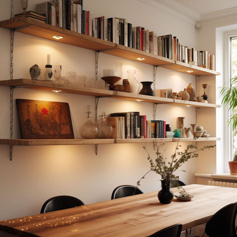 Library Floating Shelves, Floating Book Shelf Ideas, Dining Room Floating Shelves, Mounted Bookshelves, Floating Shelf Ideas, Long Wall Shelves, Floating Bookcase, Long Shelves, Floating Shelves Books