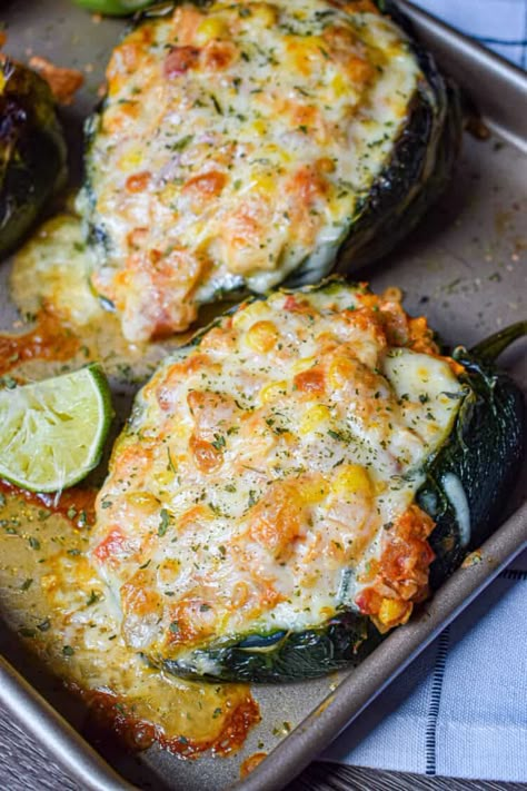 Chicken Stuffed Poblano Peppers - The Jam Jar Kitchen Feeding 15 People, Green Pepper Tacos, Easy Dinner For A Crowd Main Dishes, Chicken Stuffed Poblano Peppers, Chicken Stuffed Poblano, Stuffed Veggies, Southwestern Food, Poblano Peppers Recipes, Csa Farm