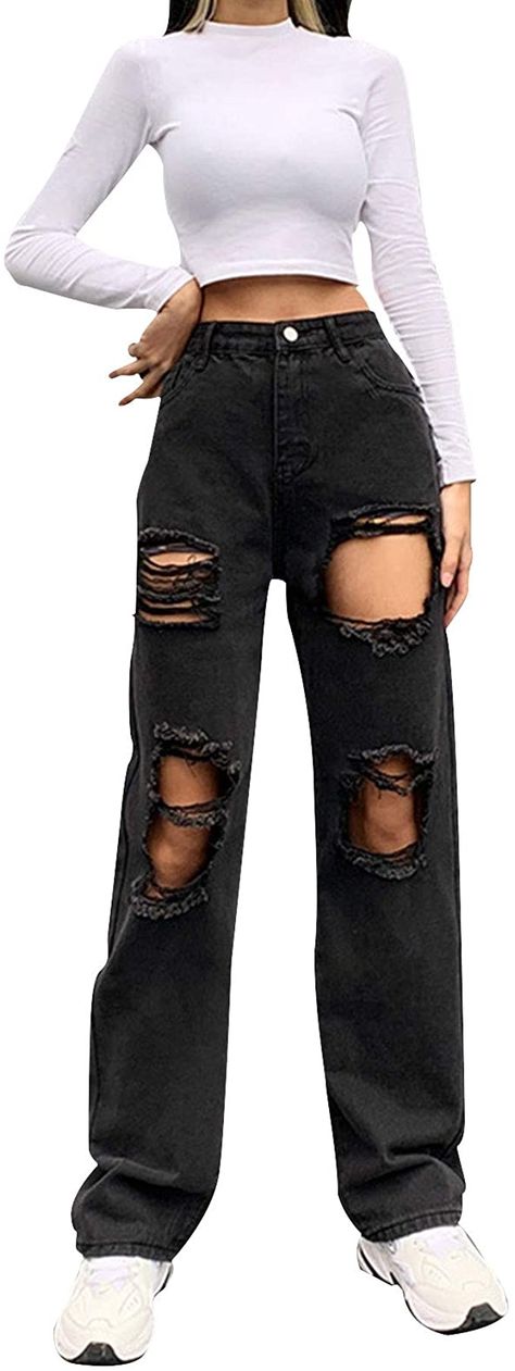 Little Nightmares Oc, Streetwear Fashion Pants, Clothes Baggy, Ripped Baggy Jeans, Baggy Ripped Jeans, Baggy Jeans For Women, Ripped High Waisted Jeans, Ripped Denim Pants, Ripped Pants