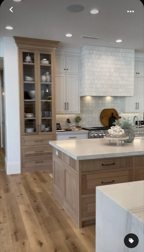 Kitchen Island Accent Color With Wood Cabinets, Taupe And White Oak Kitchen, Maple Island Kitchen, Cream Kitchen Wood Island, Space Around Kitchen Island, White Kitchen Brown Island, Double Kitchen Island Ideas, Double Kitchen Island, White Oak Kitchen Island