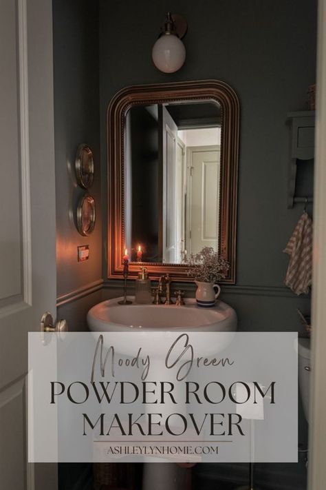 Our powder room was very “builder grade” and lacked the aesthetic appeal I desired for our home. I saw the opportunity to transform this small yet frequently used space into a something totally out of my comfort zone and I could not be happier with the result. I had a vision of a dark rich green with lots of antique inspired gold accents.  Pain color: Dried Thyme Sherwin Williams Dark Painted Half Bath, Powder Room Ideas Vintage, Dark Green Powder Bathroom, Interesting Powder Rooms, Deep Green Powder Room, Small Green Powder Room, Powder Bath Makeover, Forest Green Powder Room, Pewter Green Powder Room