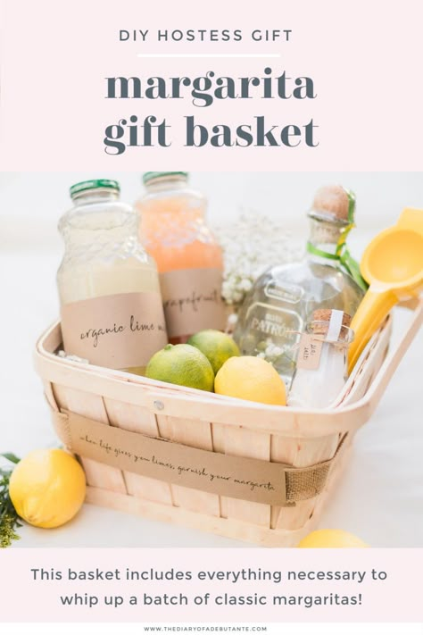 Looking for fun and creative cocktail gift basket ideas? Blogger Stephanie Ziajka shares a colorful DIY margarita gift basket (complete with Patron tequila, organic lime juice, organic grapefruit juice, citrus squeezer, margarita salt, and fresh citrus) in today's post! Click through for dozens of margarita gift basket ideas, including a DIY margarita gift tag and label inspiration, on Diary of a Debutante! #margarita #giftbasket #cocktailkit #hostessgift #giftideas Patron Gift Basket, Margarita Birthday Gift, Margarita Gift Basket Ideas Diy, Tequila Gift Basket Ideas Diy, Cookbook Gift Basket Ideas, Diy Margarita Gift Basket, Hostess Gift Basket Ideas, Margarita Basket Ideas Gift, Baby Shower Raffle Gift Basket Ideas