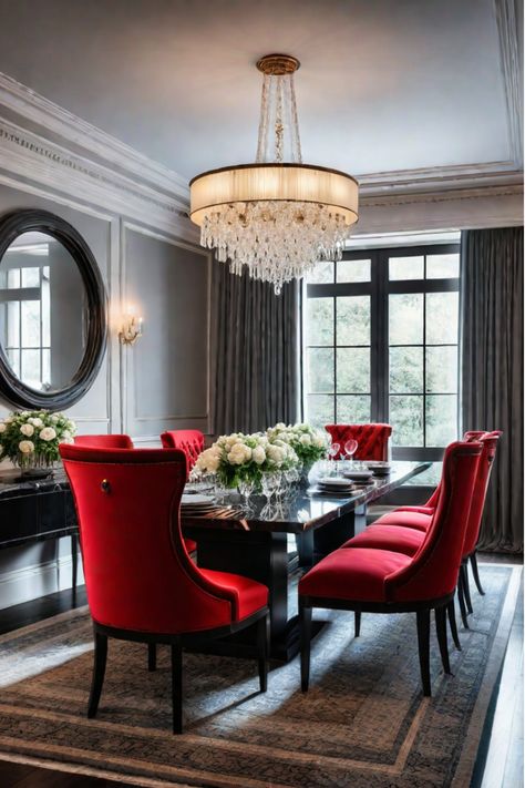 Dining room with mix of vintage and contemporary pieces Dining Room With Red Chairs, Red Velvet Dining Chairs, Interior Home Styles, Timeless Dining Room, Old Dining Room, Dining Room Transformation, Dining Room Trends, Red Dining Room, Home Design Modern