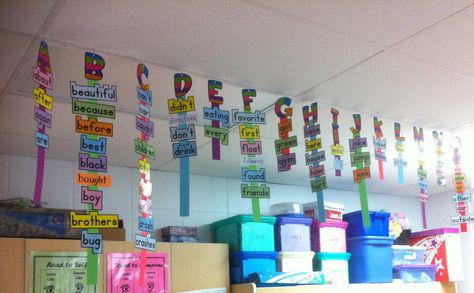 My word wall! Running out of wall space so hanging from the ceiling it is!! Hanging Letters From Ceiling, Hanging Student Work In Hallway, Hanging Student Work In The Classroom, Hanging Things From Ceiling In Classroom, Word Wall Alternatives, Hanging Student Work, Art Word Wall Classroom, Student Created Alphabet Wall, Classroom Bulletin Boards Elementary