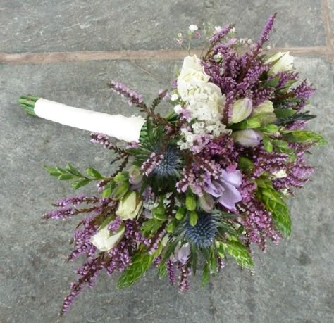 Beautiful Brides Bouquet created with Spray Roses, Freesia, Eryngium, Gypsophilia, Chincherinchee and Heather. Thistle Bouquet Wedding, Thistle Wedding, Scottish Flowers, Heather Flower, Heather Wedding, Floristry Design, Violet Wedding, Wedding Bouquet Ideas, Wedding Flower Ideas