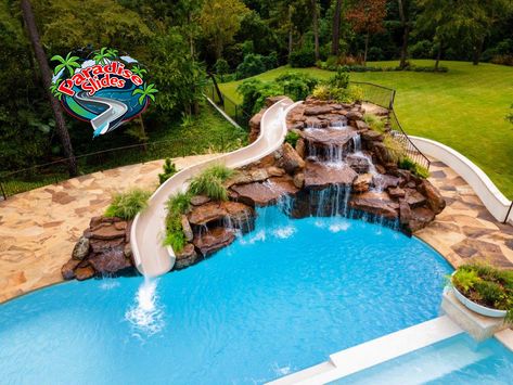 Here is an absolutely Gorgeous outdoor addition! This one featuring a Paradise Slides, inc. #Poolslide model PS43L-C in Clay. This stunning project by Paragon Pools in Texas. Great looking project! #WaterSlide #SwimmingPoolSlide Inground Pool Slides, Pool Waterslide, Water Slides Backyard, Pool With Waterslide, Swimming Pool Slides, Dream Backyard Pool, Sales Email, Big Pools, Outdoor Pool Area