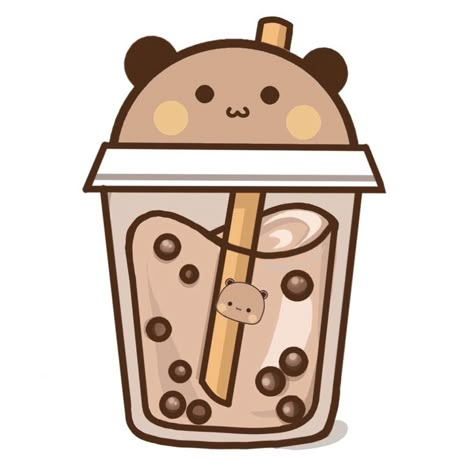 Tea Drawing, Boba Bear, Panda Gemoy, Kawaii Backgrounds, Cute Boba, Tea Wallpaper, Bubble Tea Boba, Chibi Cat, Bubble Milk Tea