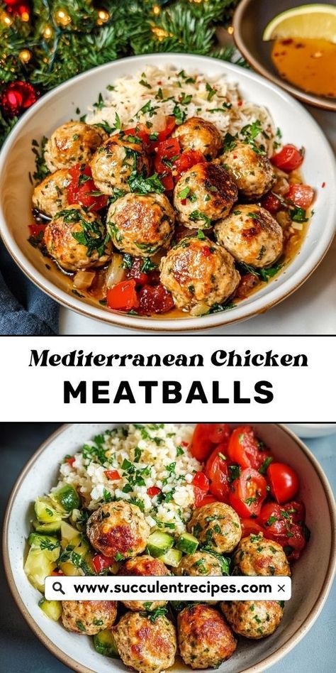 Add a touch of Mediterranean flair to your Christmas menu with these savory chicken meatballs. With a delicious mix of herbs, spices, and feta, they’re a great addition to your holiday meal. Meditterean Recipes, Easy Mediterranean Chicken, Mediterranean Diet Chicken, Chicken Meatballs Healthy, Chicken Meatballs Recipe, Healthy Meatballs, Juicy Meatballs, Mediterranean Dinner, Mediterranean Recipes Healthy