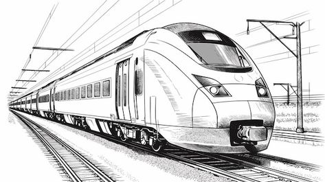 Black and white drawing of a modern trai... | Premium Vector #Freepik #vector #electric-train #railway-train #railroad #railway Train Cute Drawing, How To Draw Train, Train Drawing Sketches, Train Sketch, Train Vector, Landscape Architecture Plan, Train Drawing, Train Coloring Pages, Europe Train