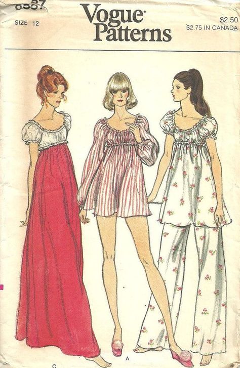 Babydoll Pajamas, Empire Gown, 70s Sewing, 70s Sewing Patterns, Nightgown Pattern, Vintage Vogue Sewing Patterns, Wide Legged Pants, Pajama Pattern, Fashion Illustration Vintage