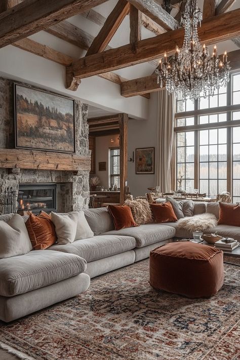 Rustic Classy Home Decor, Rustic Luxury Home Decor, Luxury Cottage Living Room, Country Inspired Living Room, Large Cottage Living Room, Exposed Beam Living Room, Modern Rustic Living Room Colors, Dream Farmhouse Living Room, Classic Rustic Living Room