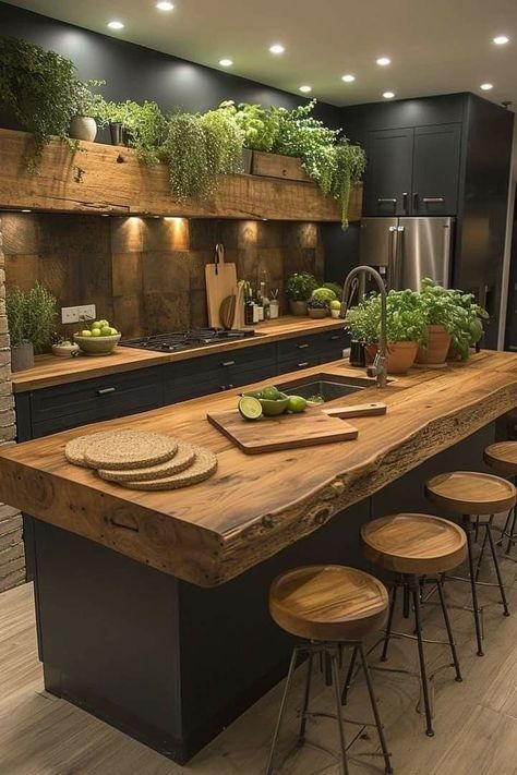 Sustainable Kitchen Ideas, Forest Kitchen Theme, Eco Kitchen Design, Nature Kitchen Aesthetic, Forest Themed Kitchen, Gourmet Kitchen Ideas, Chef Kitchen Ideas, Black And Natural Wood Kitchen, Earthy Kitchens