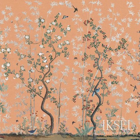 Eastern Eden - Terra Cotta Wallpapers | Schumacher Terra Cotta Wall Art, Terra Cotta Wallpaper, Wallpaper With Birds, Interior Wall Paper, Chinoiserie Bedroom, Terracotta Wallpaper, Apartment 2023, Painting Antique Furniture, Turquoise Wallpaper