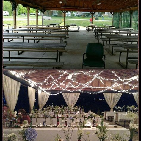 Decorating Pavilion For Wedding, Pavilion Reception Decorations, Outside Pavilion Wedding, Picnic Table Wedding Ceremony, Park Shelter Wedding Receptions, Picnic Pavilion Wedding, Picnic Pavilion Decorations, Shelter House Wedding Reception, Carport Wedding Reception