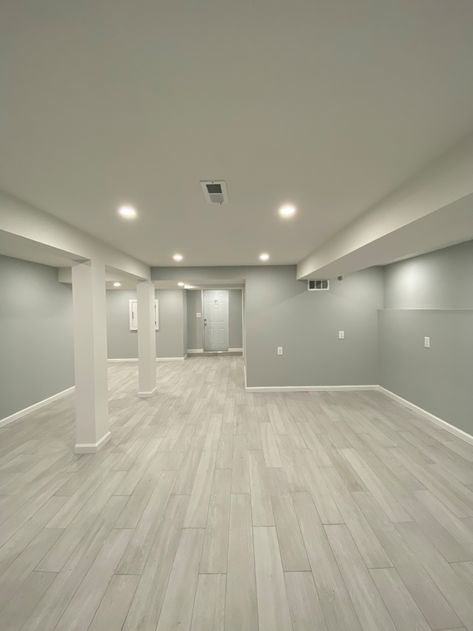 Hardwood Floor Basement, Basement With Gray Flooring, Basement Apartment Renovation, Light Basement Paint Colors, Gray Floor Basement Ideas, Finished Basement Flooring Ideas, Small Basement Paint Colors, Basement Paint Ideas Color Schemes, Finished Basement Colors Schemes