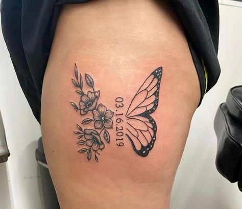 Butterfly Date Tattoo, Half Butterfly Half Angel Wing Tattoo, Arm Tattoos For Women Meaningful, Simple Thigh Tattoos, Tattoo Women Butterfly, Butterfly Memorial Tattoo, Butterfly Tattoo Back, Best Thigh Tattoos, Fine Line Butterfly Tattoo