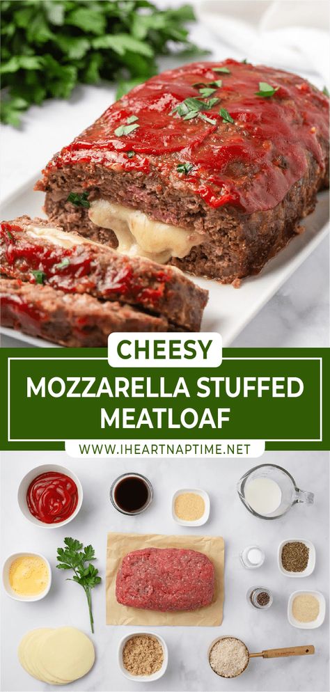 Ham And Cheese Meatloaf, Meatloaf With Ham And Cheese, Easy Stuffed Meatloaf, Meatloaf With Babybel Cheese, Dinners With 1 Lb Ground Beef, Meatloaf With Mozzarella Cheese, Mozzarella Meatloaf Recipes, Ham And Cheese Stuffed Meatloaf, Lasagna Stuffed Meatloaf