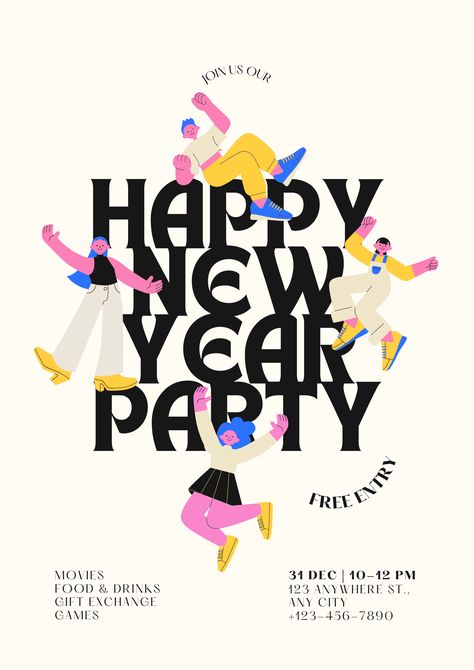 The poster is for a New Year's Eve party. It features a group of people dancing in a circle, with the words "Happy New Year Party" in the center. The poster also includes a list of food and drinks, gift exchange games, and a location for the party. New Year Eve Illustration, New Year Poster Design Ideas 2025, Happy New Year Design Poster, People Dancing In A Circle, New Year Eve Poster, New Years Eve Graphic Design, New Year Poster 2025, Happy New Year Poster Graphics, New Years Eve Illustration