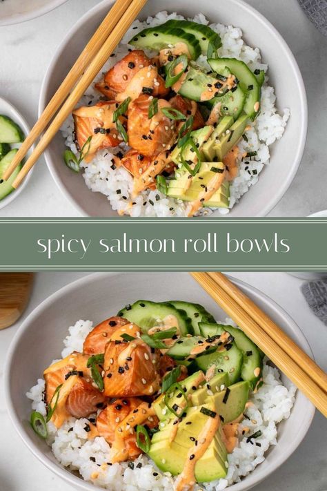 If you want spicy salmon rolls but don’t want the hassle of rolling sushi, try these spicy salmon roll bowls! These deconstructed sushi roll bowls are full of texture and flavor and are high in protein too. Protein Sushi Bowls, Salmon Bowl Sushi, Spicy Tuna Roll Bowl, Spicy Salmon Roll Bowl, Deconstructed Salmon Sushi Bowl, Sushi Bowl With Salmon, Sushi Bowl Salmon, Salmon Roll Bowl, Cooked Salmon Sushi