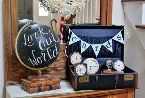 Grad Card Table Ideas, Adventure Awaits Graduation Party Theme, Travel Graduation Party, Senior Display Table Ideas 2023, Travel Theme Graduation Party, Adventure Graduation Party, Travel Graduation Party Ideas, Graduation Table Display, Grad Table Display