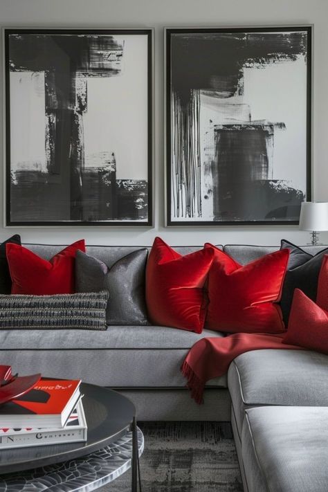 Gray Blue Red Living Room, Red Accents Living Room, Grey Home Decor Ideas, Grey And Red Living Room, Dramatic Decor, Couch Grau, Burgundy Living Room, Light Gray Sofas, Red Living Room