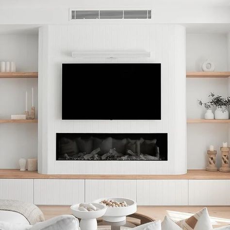 Tv Gas Fireplace Wall Ideas, Tv Fireplace Cabinet, Modern Coastal Tv Wall, Inbuilt Cabinet Living Room, Build In Tv Cabinet Wall Units With Fireplace, In Built Tv Unit, Tv Unit In Niche Wall, Modern Mediterranean Tv Wall, Tv Cabinetry Built In